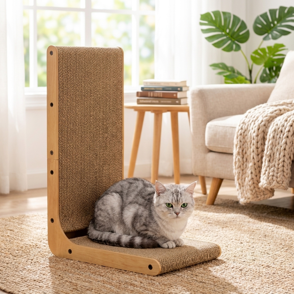 Cat sitting on the base of the Cozy Crest scratcher in a sunny reading nook