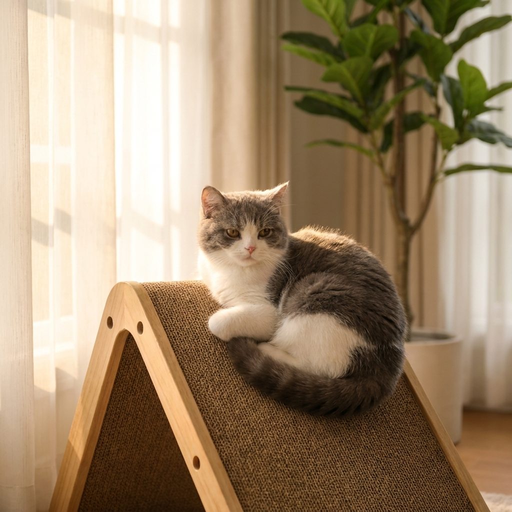 Cat cuddled on the Cozy Crest A-frame ramp in a sunlit window corner