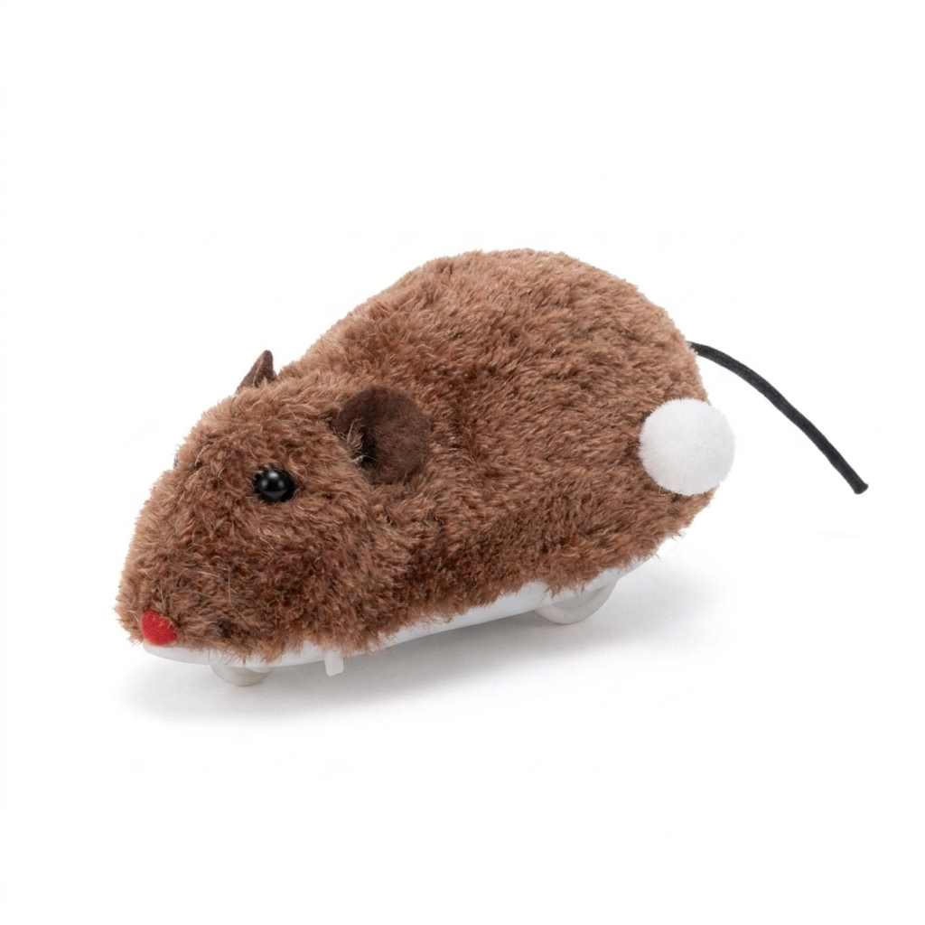 Scamper brown plush wind-up mouse cat toy on white background