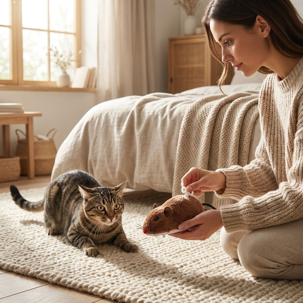 Woman winding the Scamper mouse while her cat watches in a bedroom