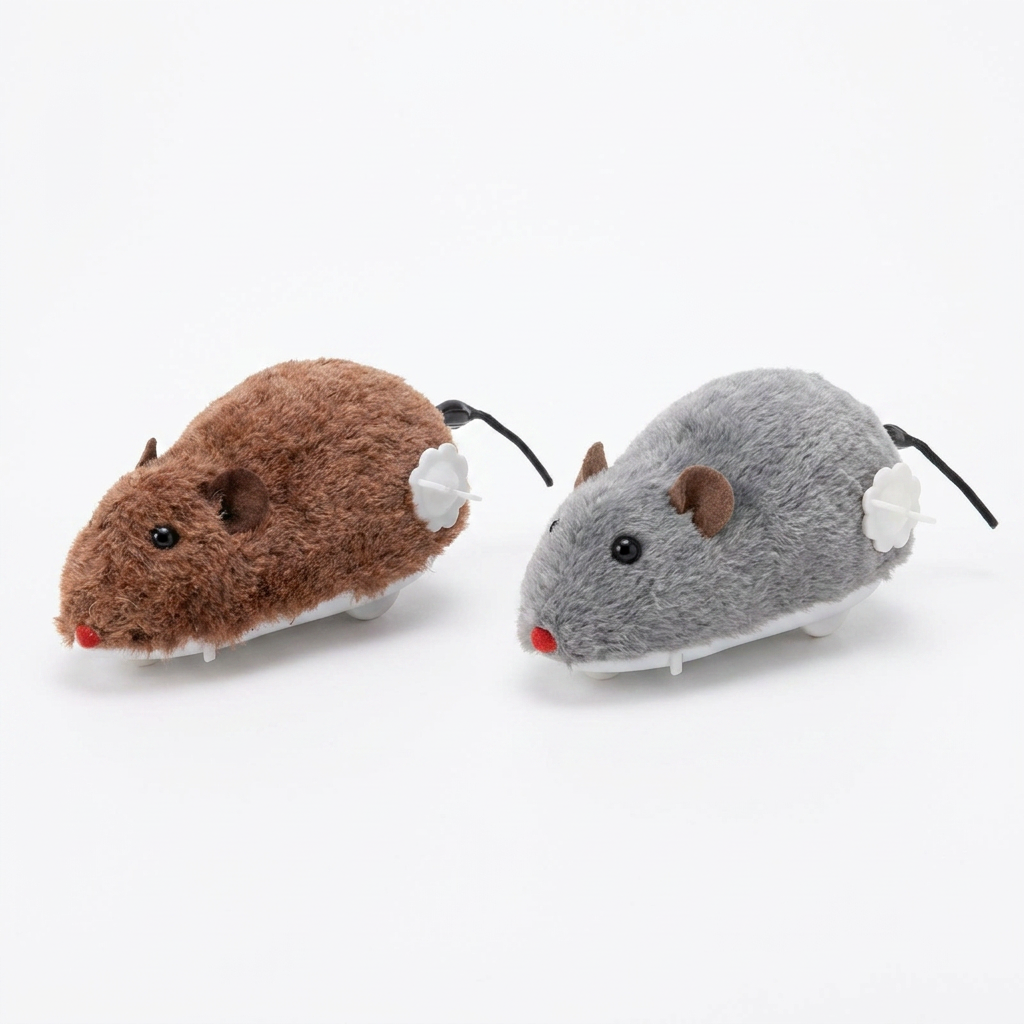 Scamper wind-up mouse cat toy 2-pack, brown and grey, on white background