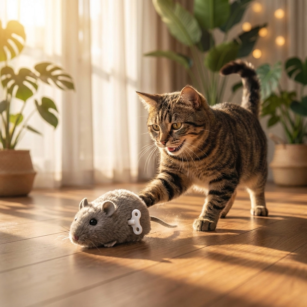 Cat batting the grey Scamper wind-up mouse in a sunlit sunroom