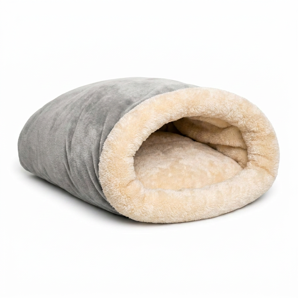 Hibernest grey self-warming plush burrow cat bed on white background