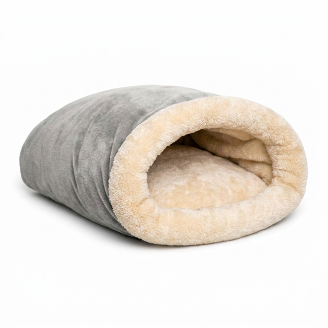 Hibernest grey self-warming plush burrow cat bed on white background