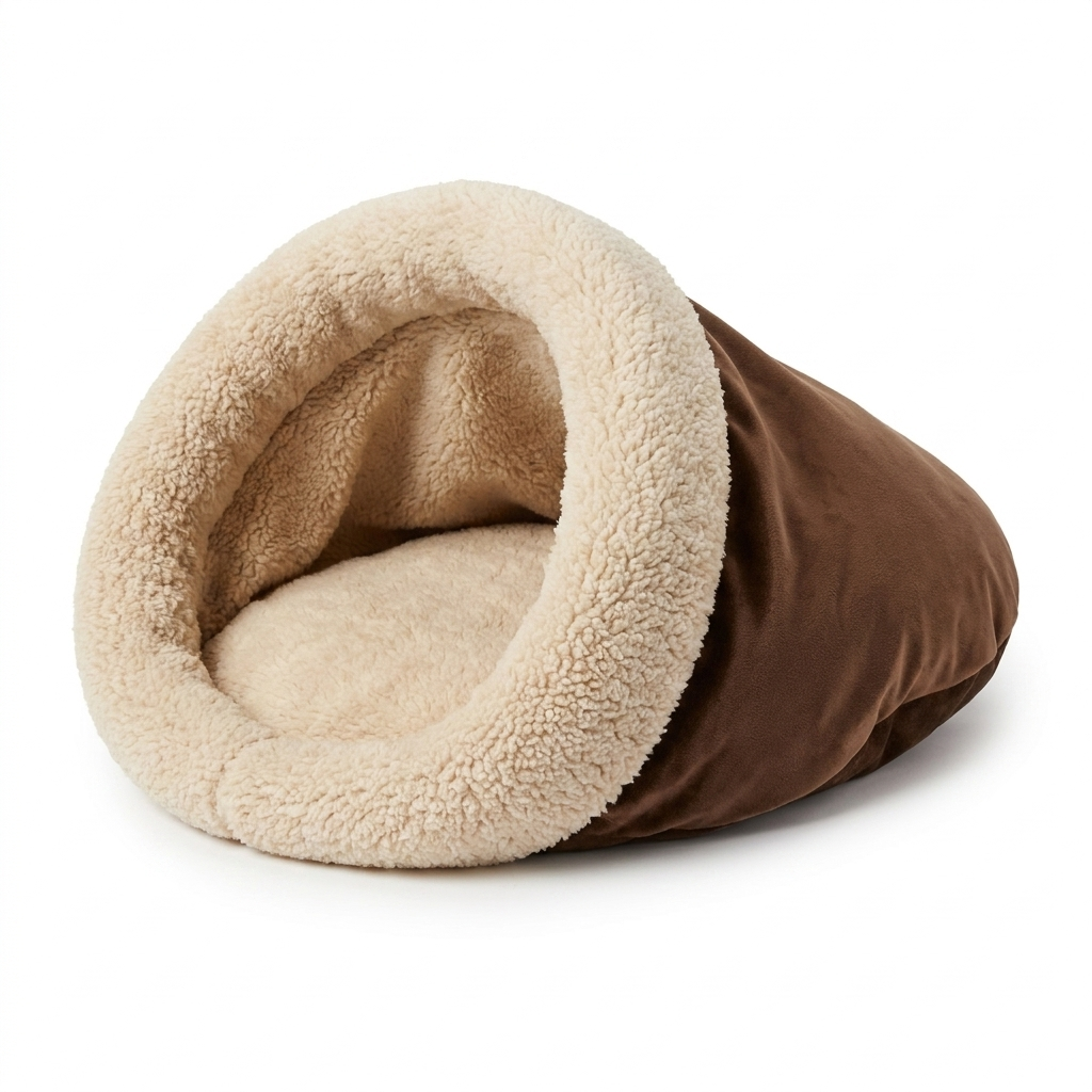 Hibernest coffee-brown self-warming plush burrow cat bed on white background