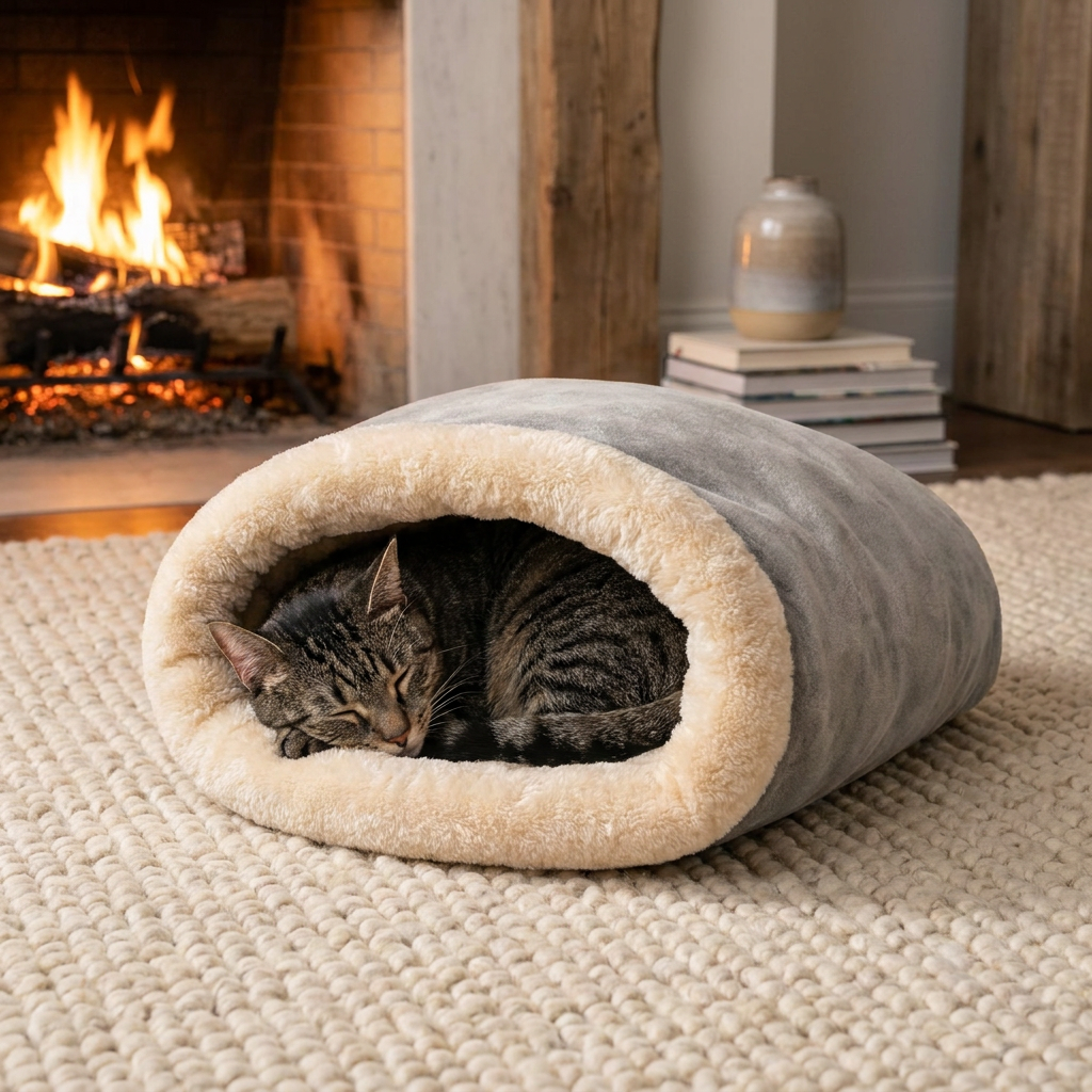 Cat sleeping in the grey Hibernest cat bed beside a fireplace