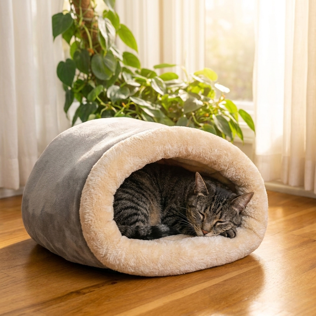 Cat dozing in the grey Hibernest cat bed in a sunny window corner