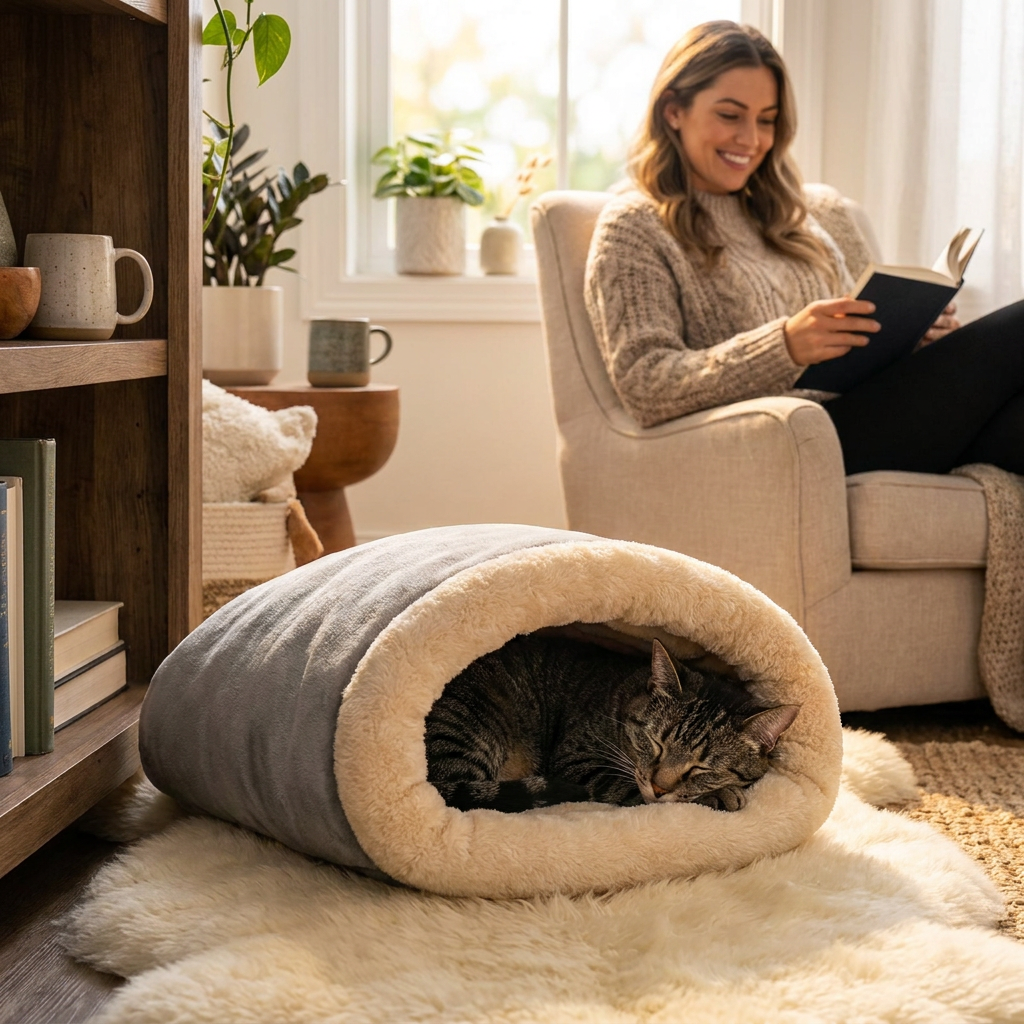 Cat asleep in the grey Hibernest cat bed in a reading nook with a woman