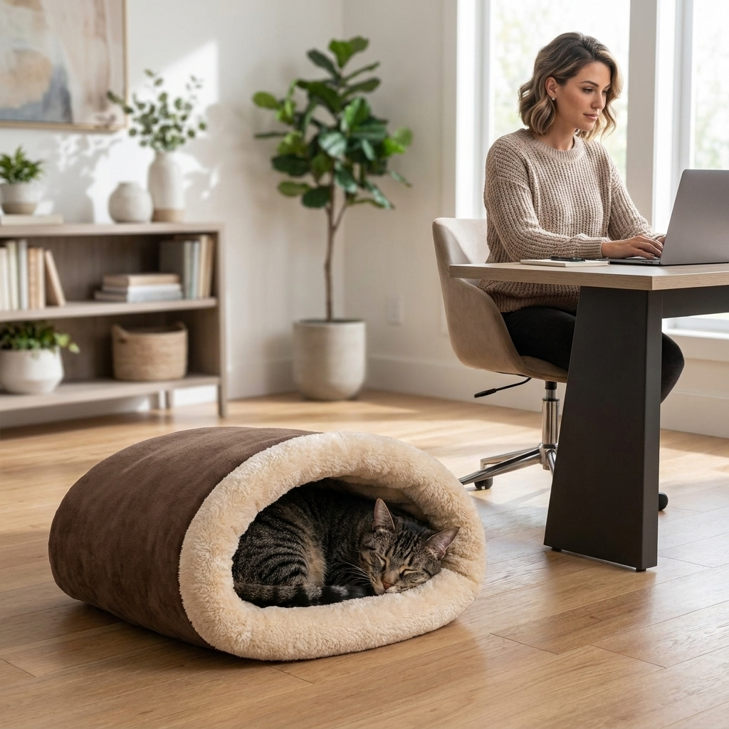 Cat asleep in the coffee Hibernest cat bed beside a woman in a home office