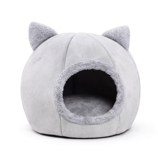 Grey Dream Den dome cave cat bed with cat-ear accents on white background