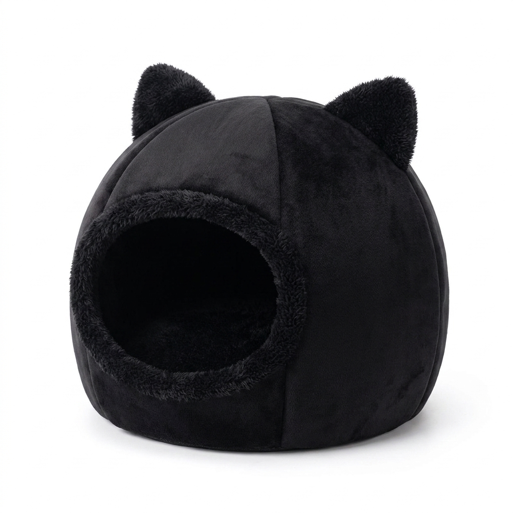 Black Dream Den dome cave cat bed with cat-ear accents on white background
