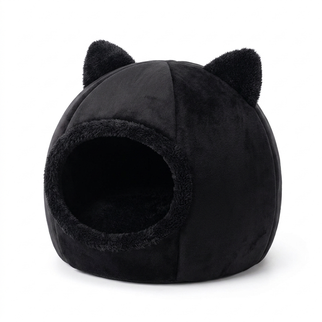 Black Dream Den dome cave cat bed with cat-ear accents on white background