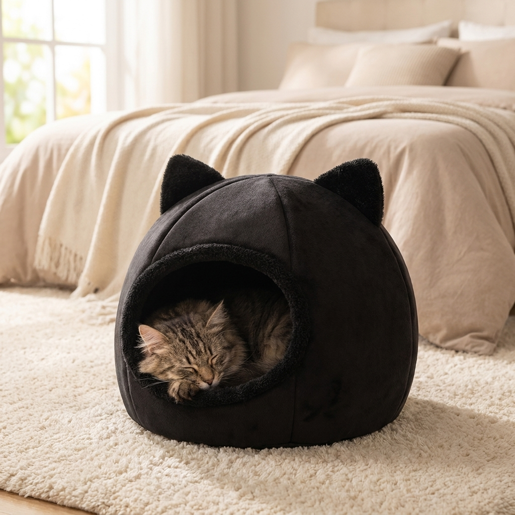 Cat napping in the black Dream Den cave bed in a cozy bedroom