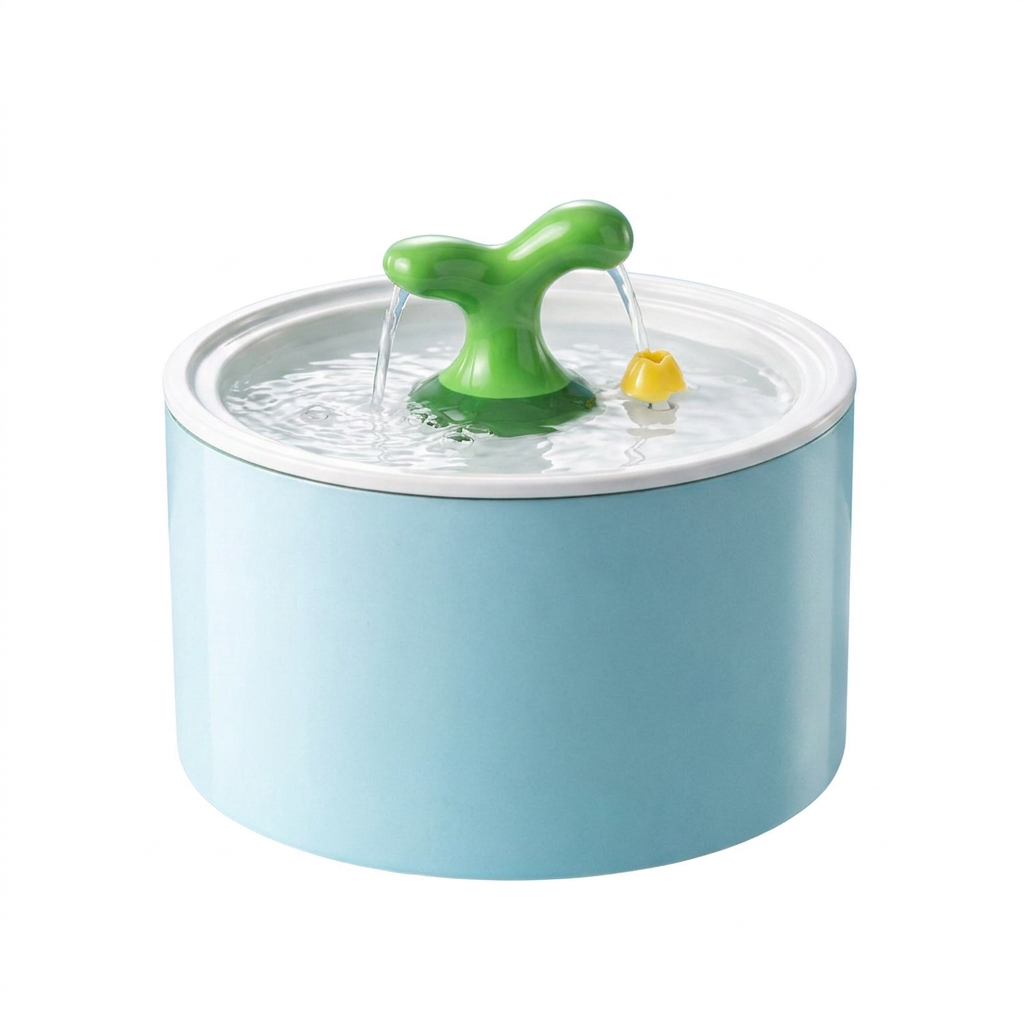 Blue Springwell ceramic cat water fountain on white background