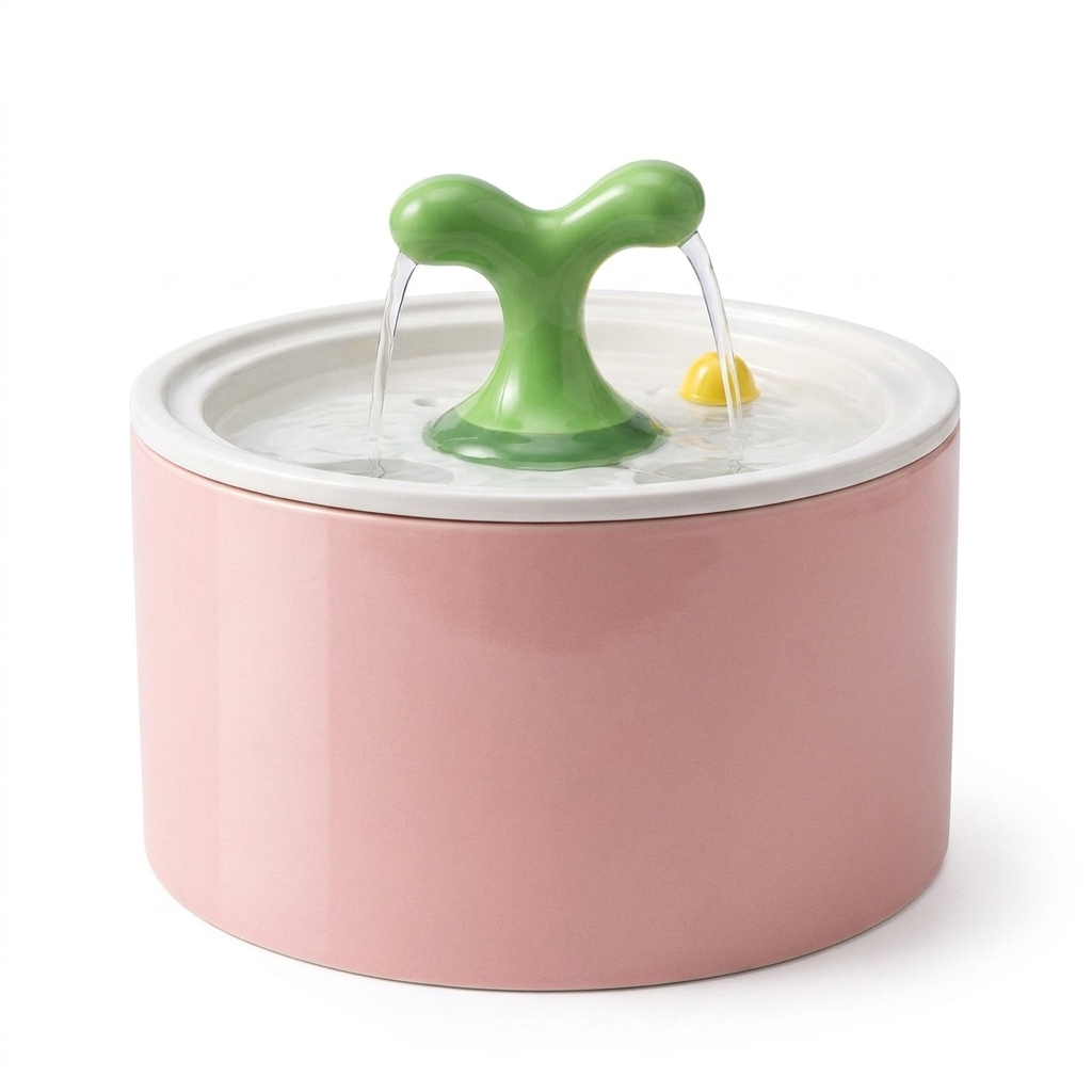 Pink Springwell ceramic cat water fountain on white background