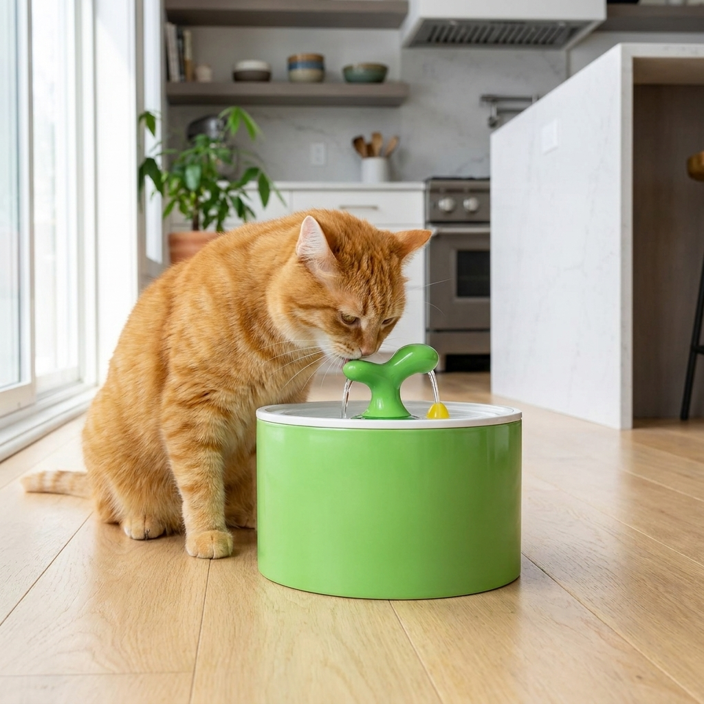 Cat drinking from the green Springwell fountain in a kitchen