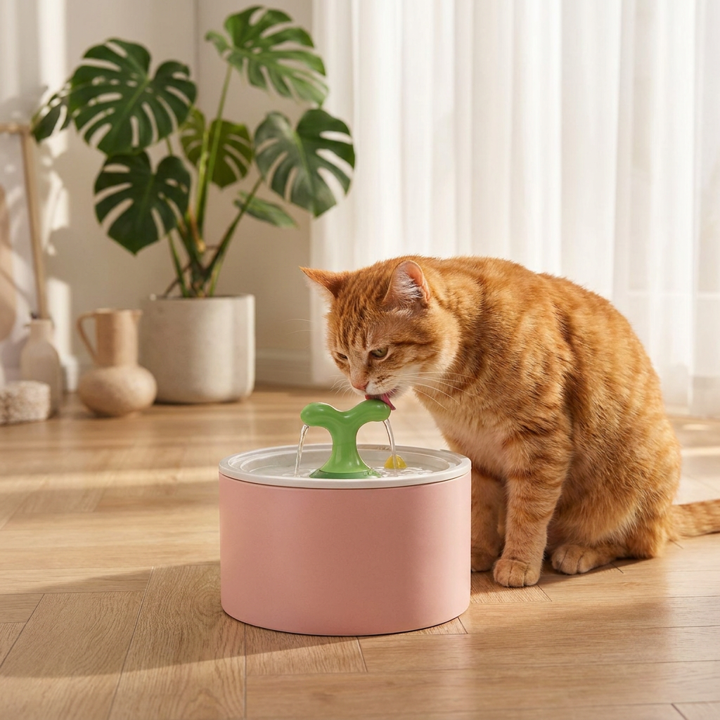 Cat drinking from the pink Springwell fountain in a modern home corner