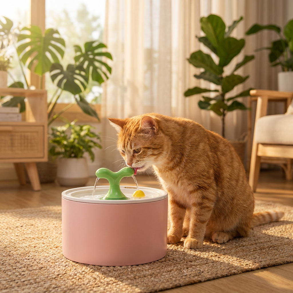 Cat drinking from the pink Springwell fountain in a sunroom