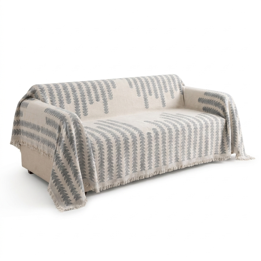 Grey Cloudweave chenille sofa cover throw draped on a sofa, white background