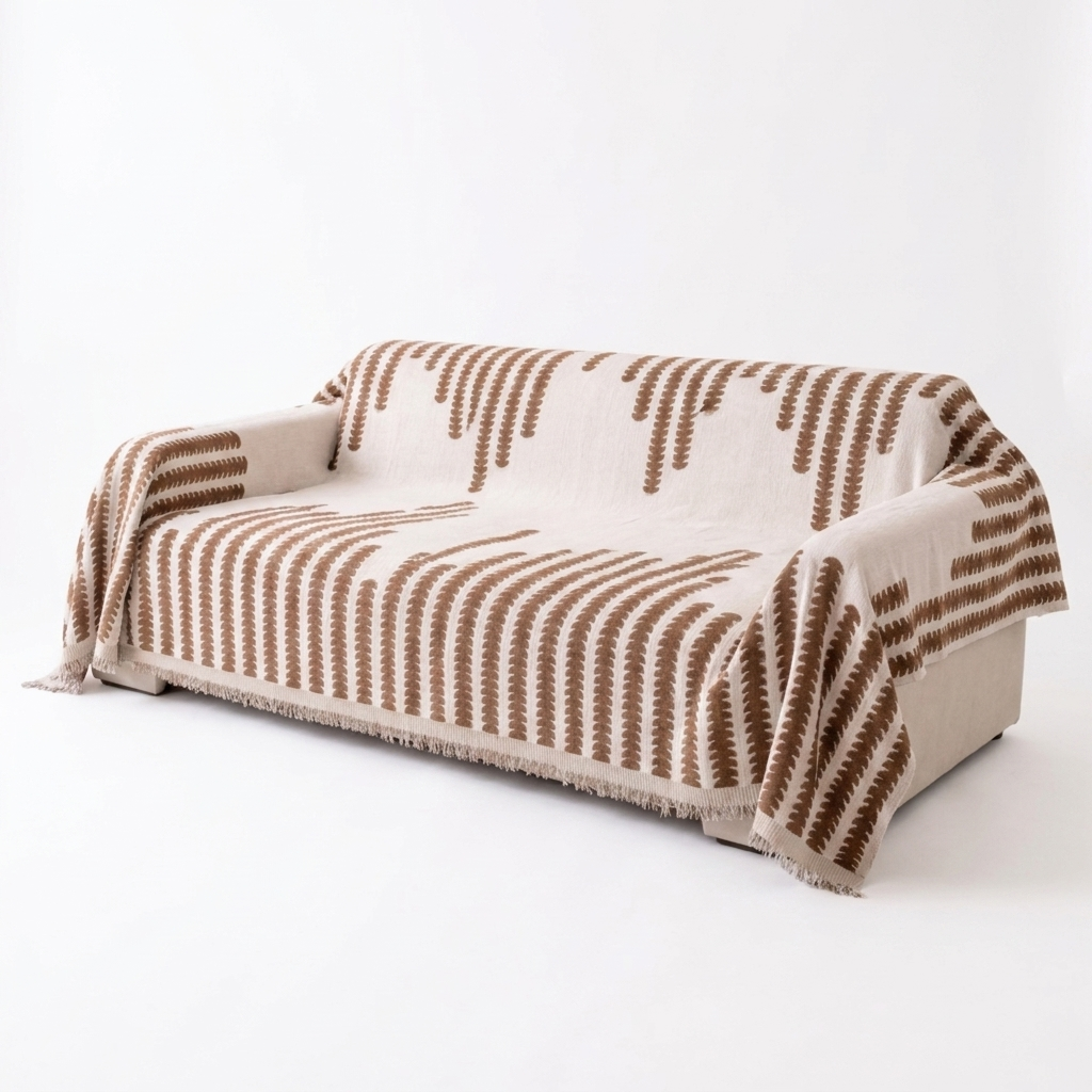 Coffee Cloudweave chenille sofa cover throw on a sofa, white background