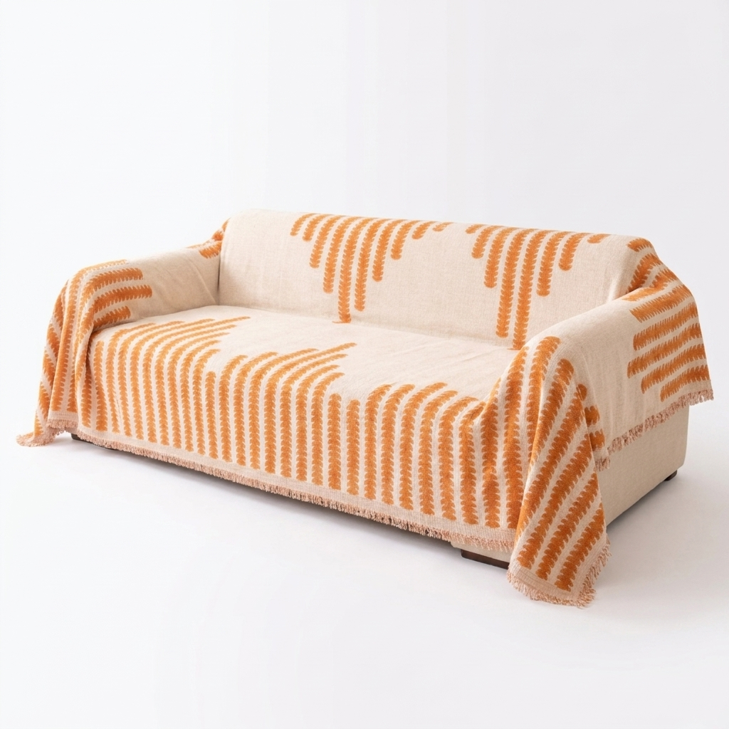 Orange Cloudweave chenille sofa cover throw on a sofa, white background