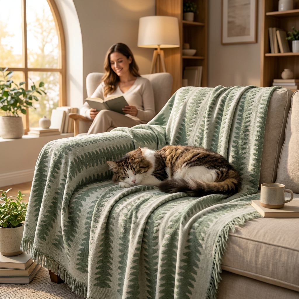 Cat asleep on a sofa with the green Cloudweave throw, woman reading