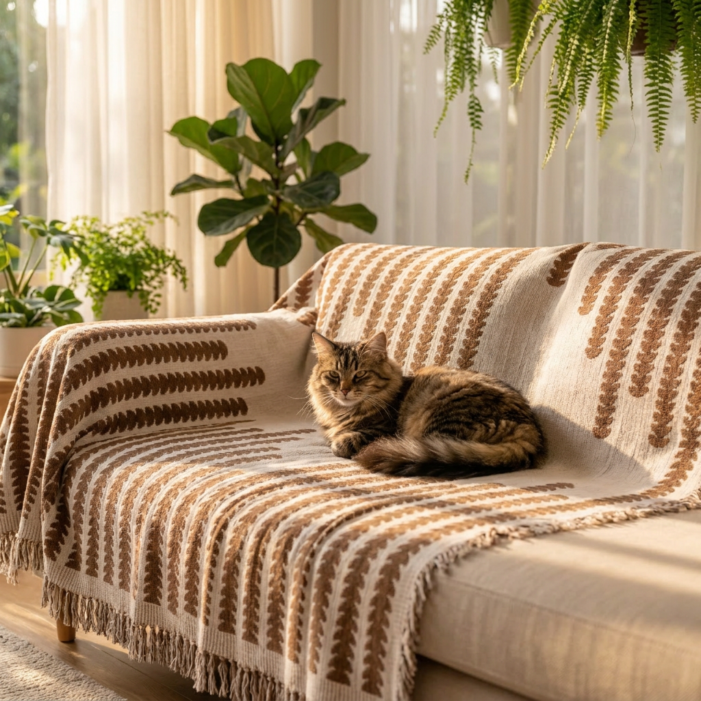 Cat lounging on a sofa with the coffee Cloudweave throw in a sunroom