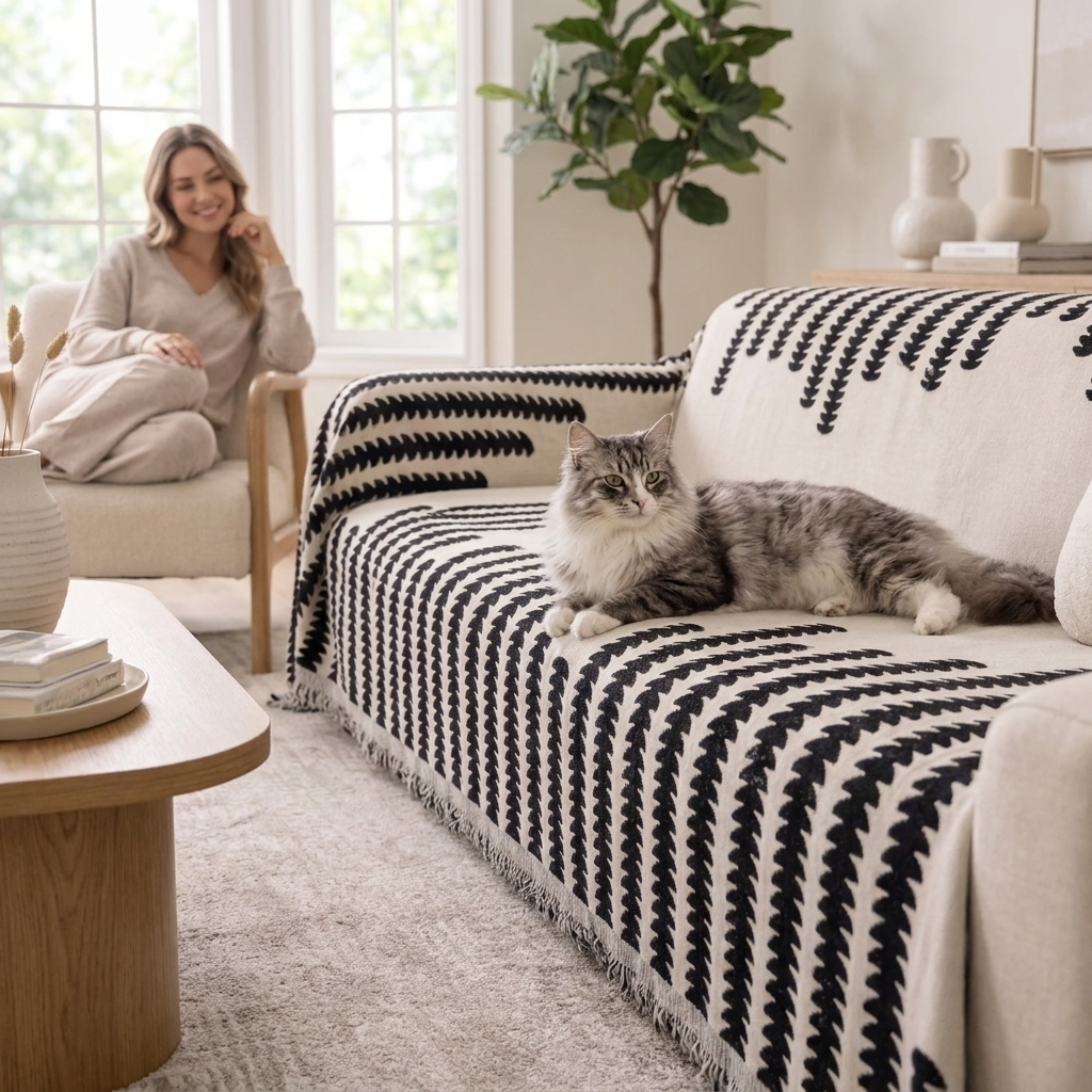 Cat lounging on a sofa with the black Cloudweave throw, woman nearby