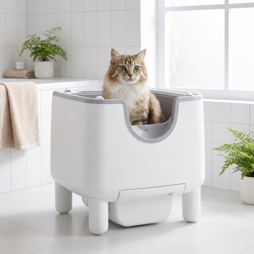 Cat sitting in the Purenest litter box in a modern bathroom