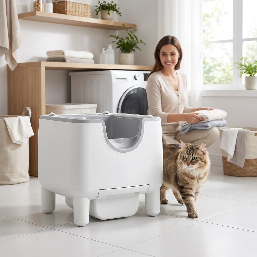 Purenest litter box in a laundry room with cat and woman