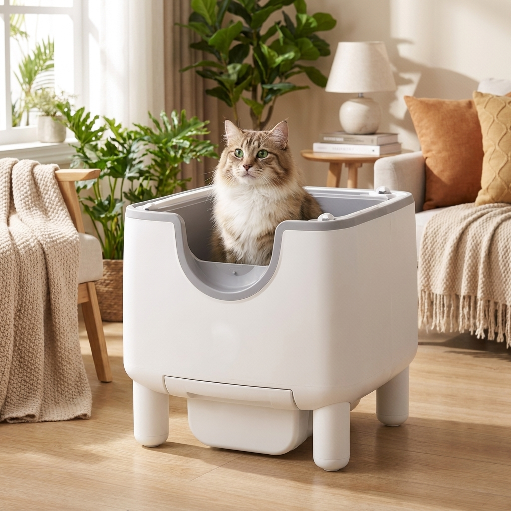 Cat in the Purenest litter box in a living-room corner