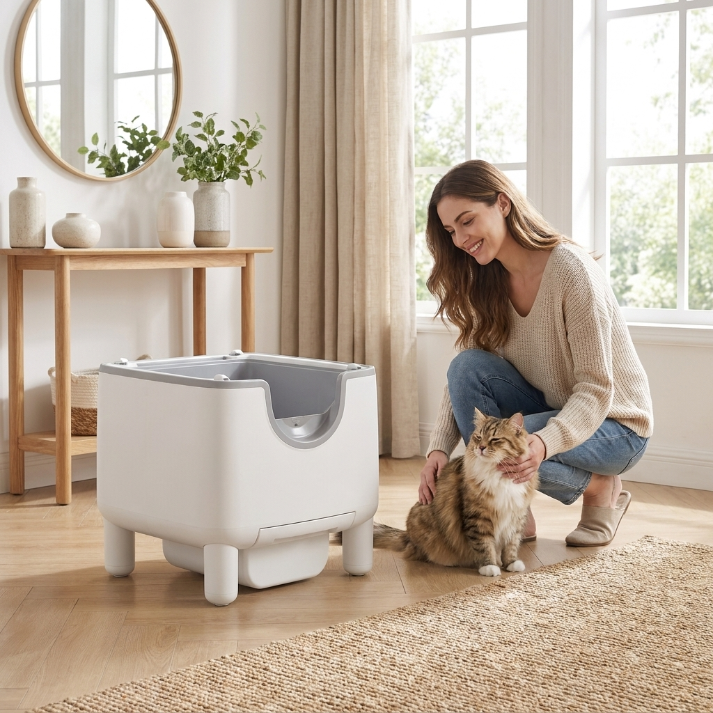Woman petting her cat beside the Purenest litter box in an entryway