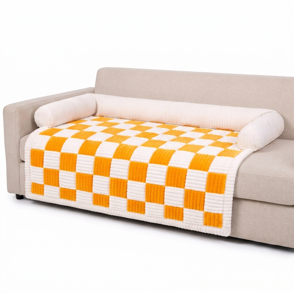 Yellow checkerboard Cozynook cat couch protector mat with bolster, white background