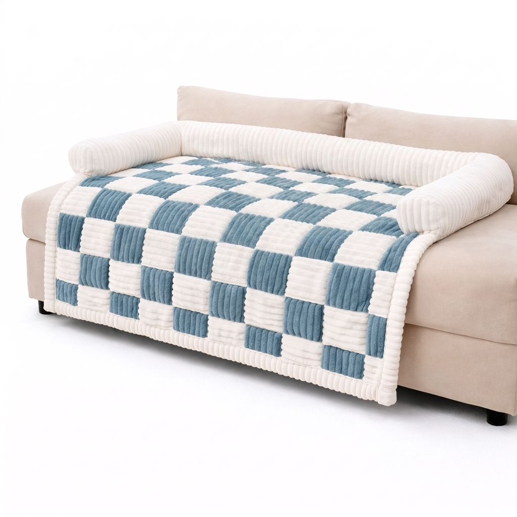 Blue Grey checkerboard Cozynook cat couch protector mat with bolster