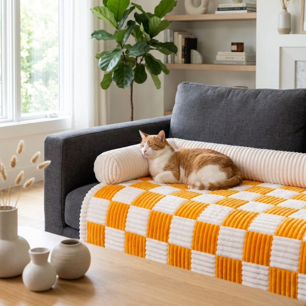 Cat lounging on the yellow Cozynook mat against the bolster