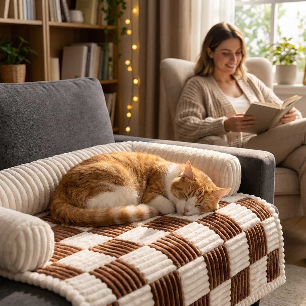 Cat curled on the brown Cozynook mat, woman reading nearby
