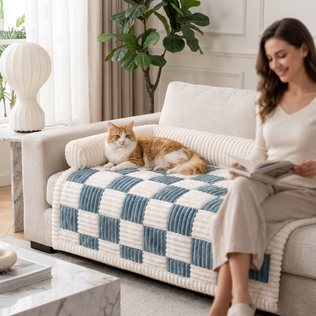 Cat lounging on the blue grey Cozynook mat, woman nearby