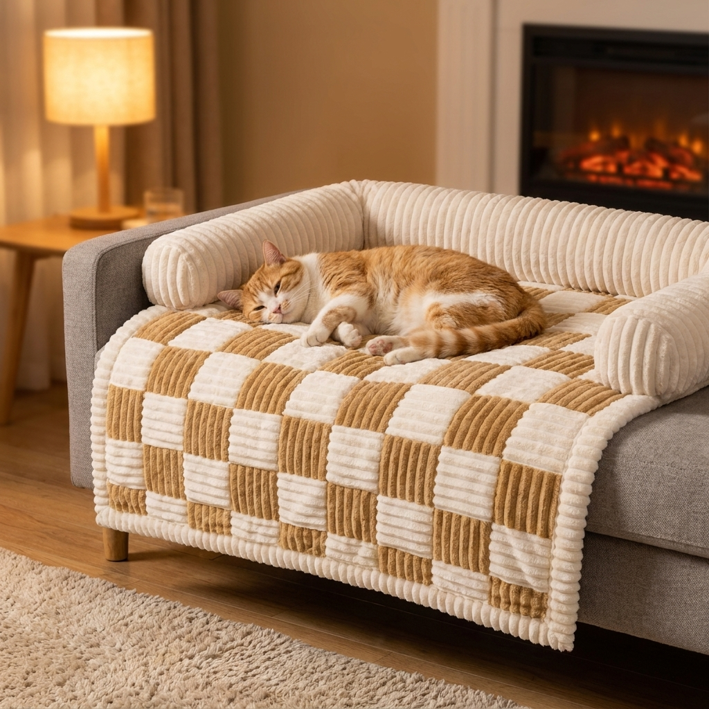 Cat lounging on the coffee Cozynook mat in a cozy den