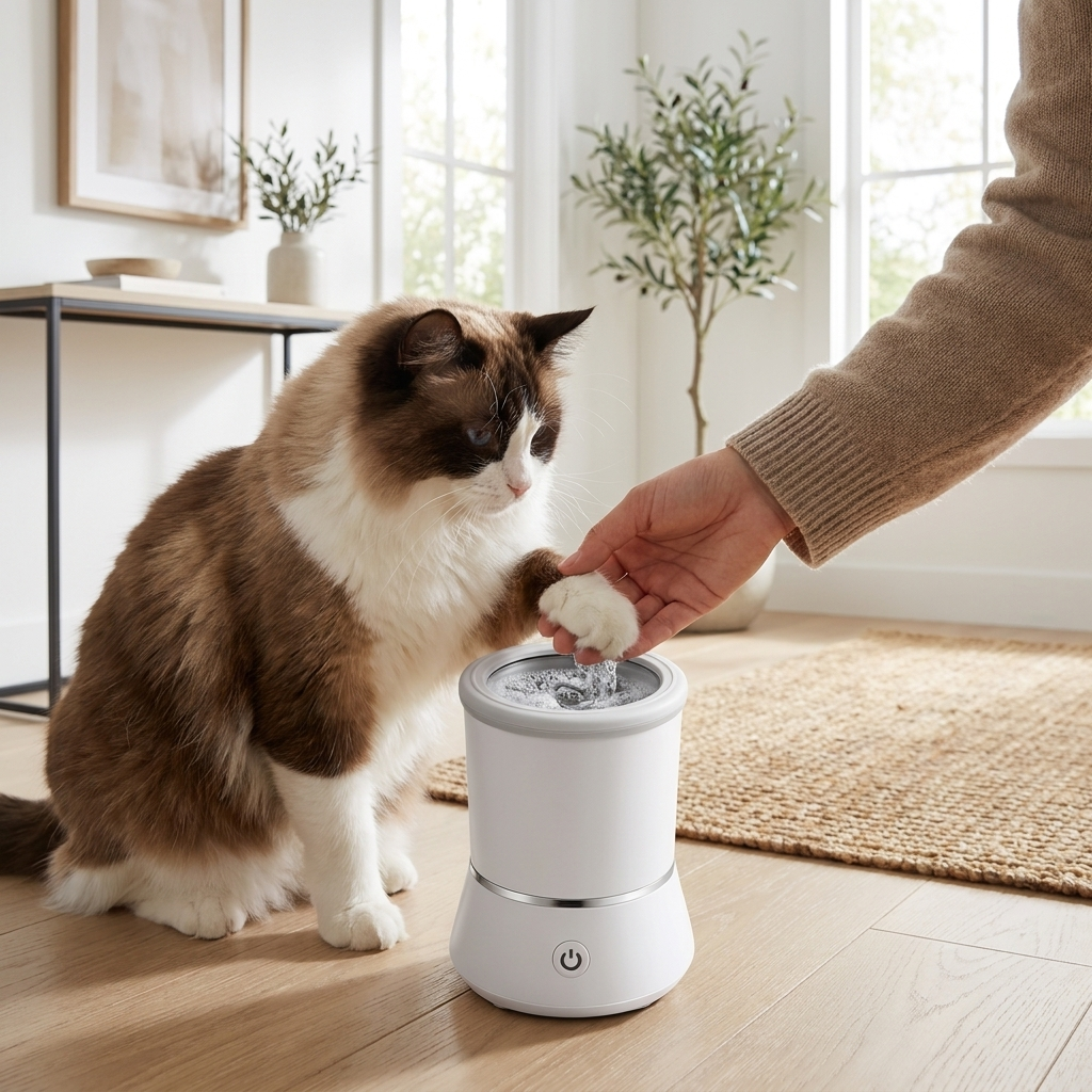 Cat having a paw gently cleaned in the white Pawspa in an entryway