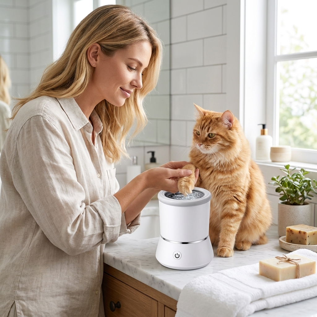 Woman cleaning her cat's paw in the white Pawspa in a bathroom