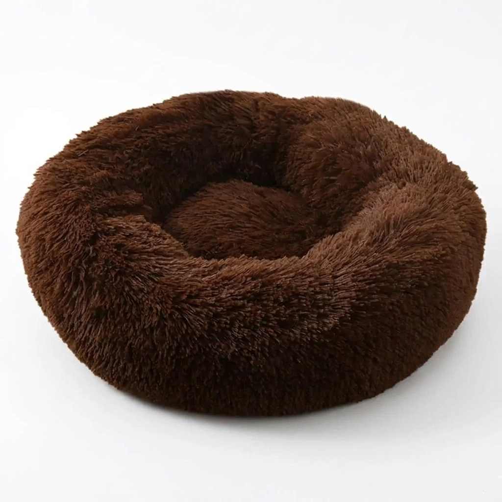 Chocolate Serene Halo calming donut cat bed on white background