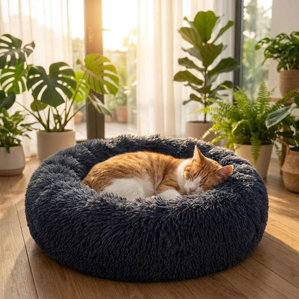 Cat asleep in the dark blue Serene Halo bed in a sunroom