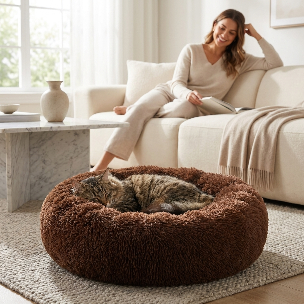 Cat in the chocolate Serene Halo bed in a living room with a woman