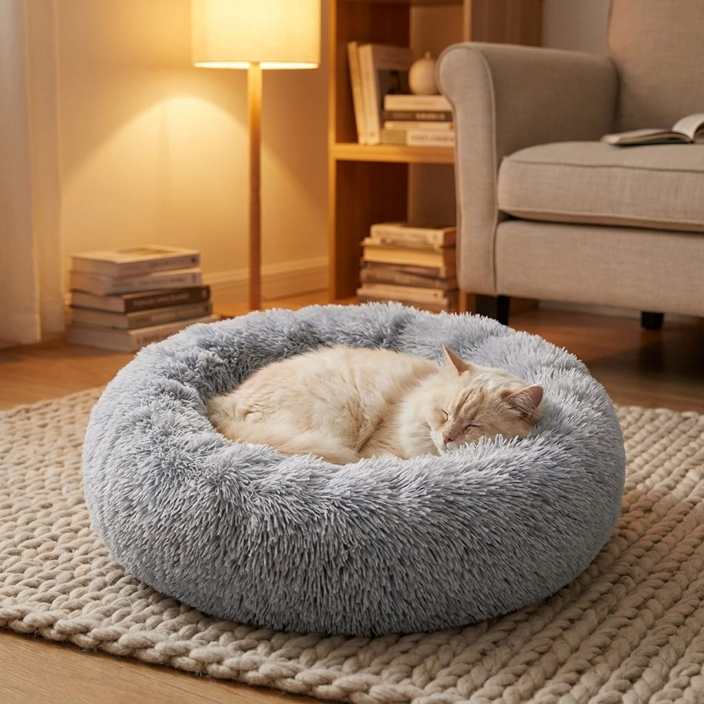 Cat asleep in the grey Serene Halo bed in a reading nook