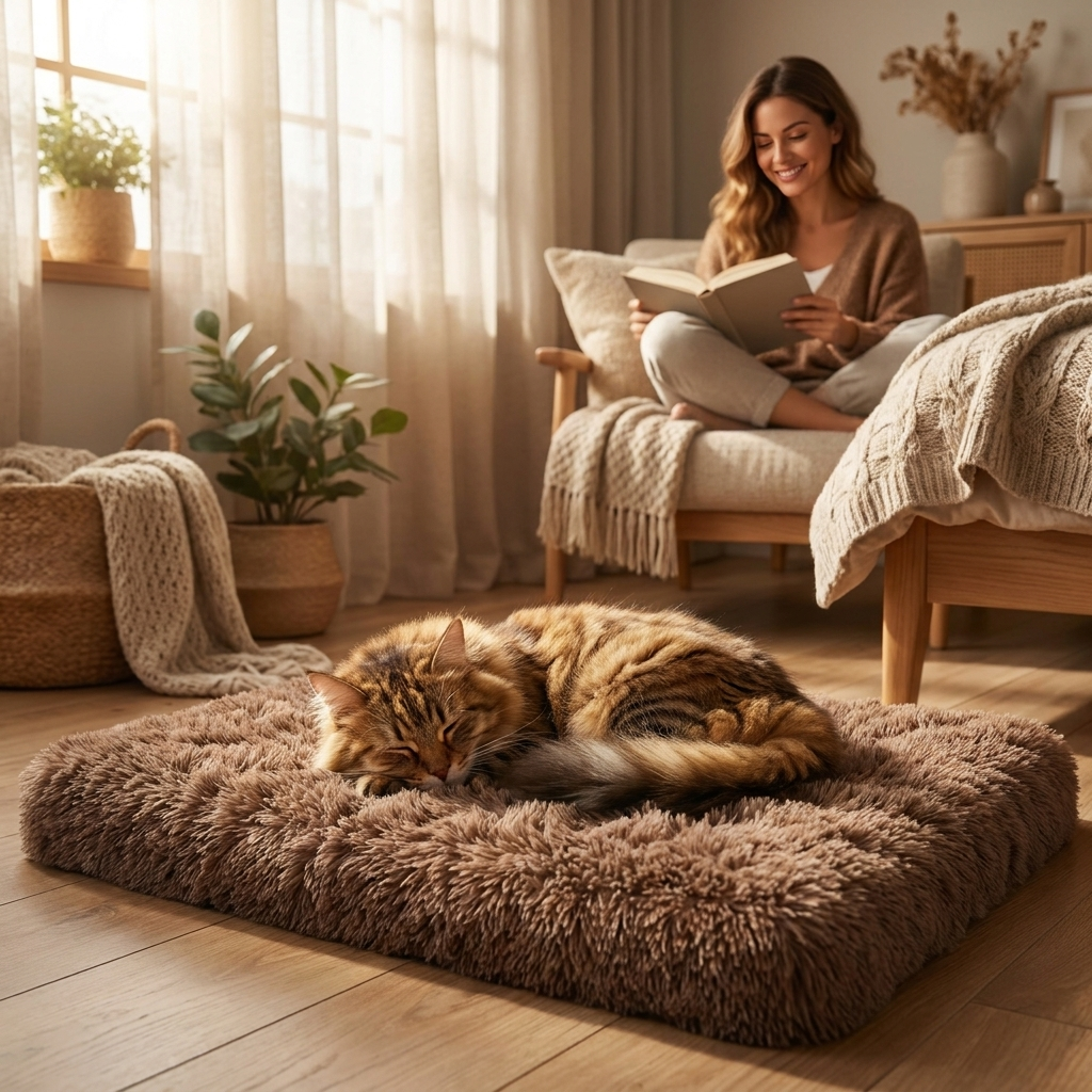 Cat on the brown Cloudrest mat in a bedroom with a woman