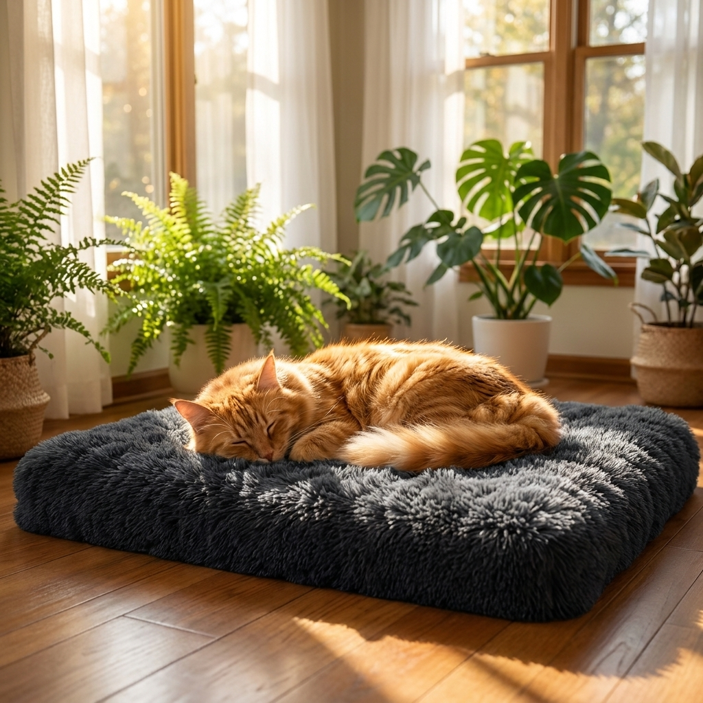 Cat asleep on the dark grey Cloudrest mat in a sunroom