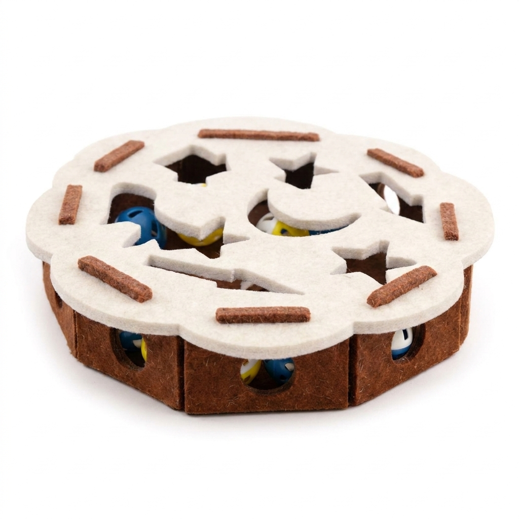 White round Curio cat puzzle toy on white background