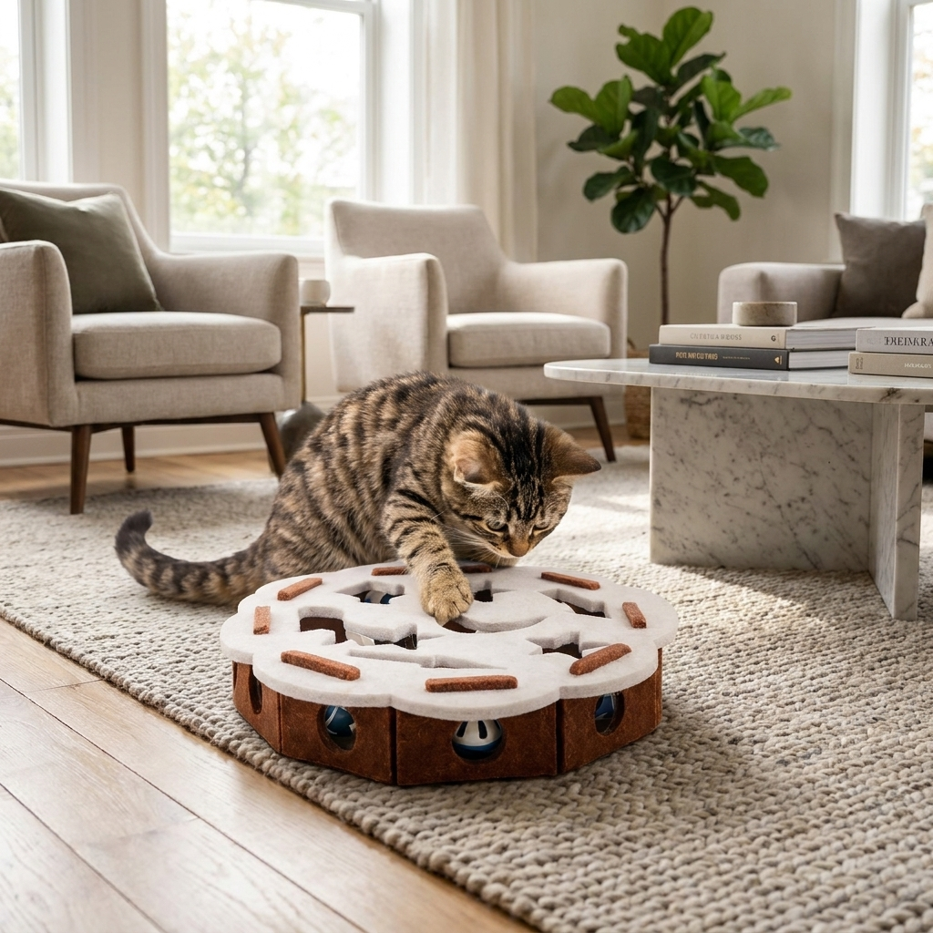 Cat pawing at the white round Curio puzzle toy in a living room