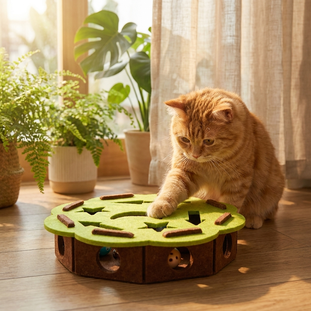 Cat pawing at the green round Curio puzzle toy in a sunroom
