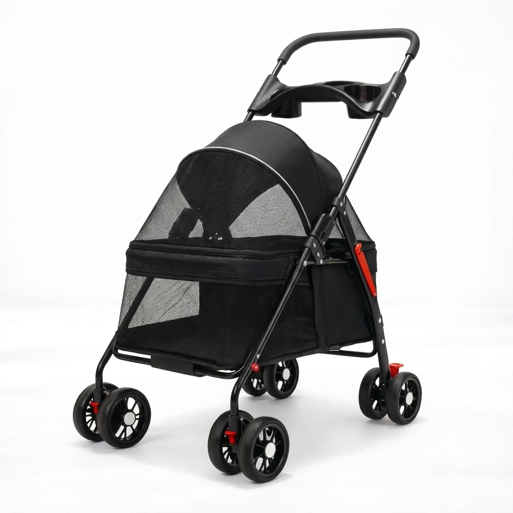 Black Promenade foldable cat stroller on white background